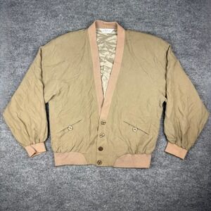 VTG 80's Genelli Mens 100% Pure Silk Bomber Cardigan Jacket Tan Khaki V-Neck LG
